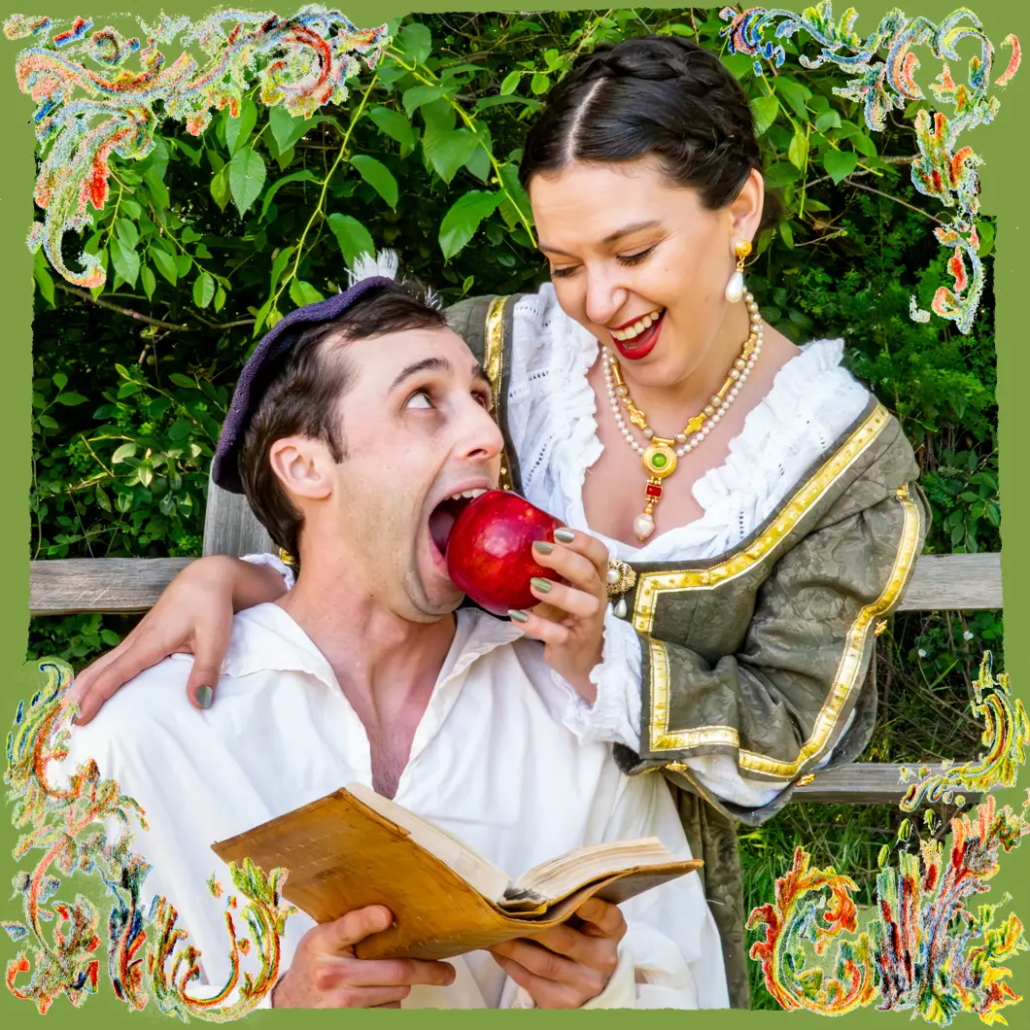 Love’s Labour’s Lost – Curtain Theatre Mill Valley Actors in period costume share a playful moment with an apple and book for Curtain Theatre’s Love’s Labour’s Lost in Mill Valley.